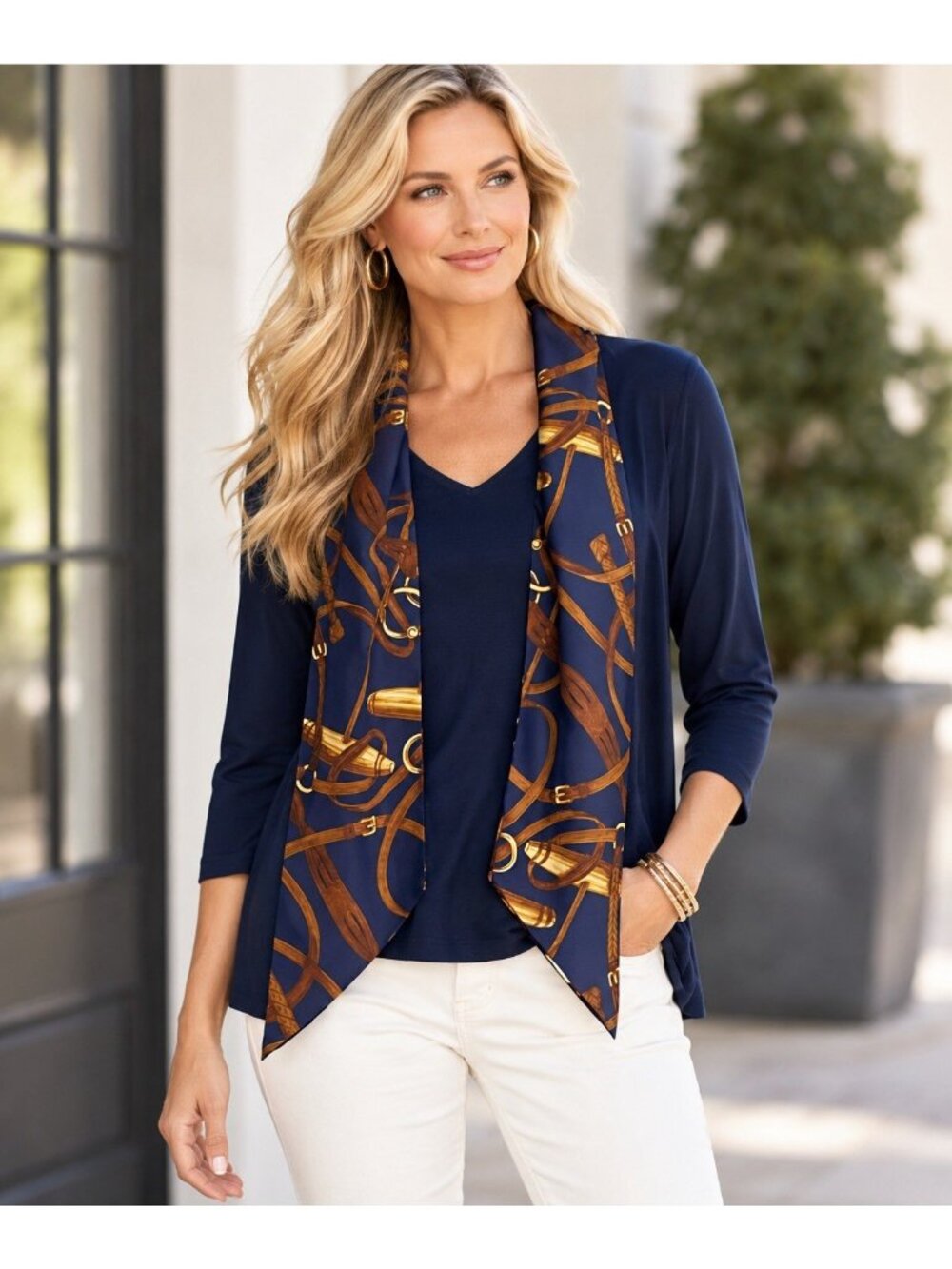 Lauren Ralph Lauren Size L Navy Equestrian Horse Bit Scarf Print Draped Top